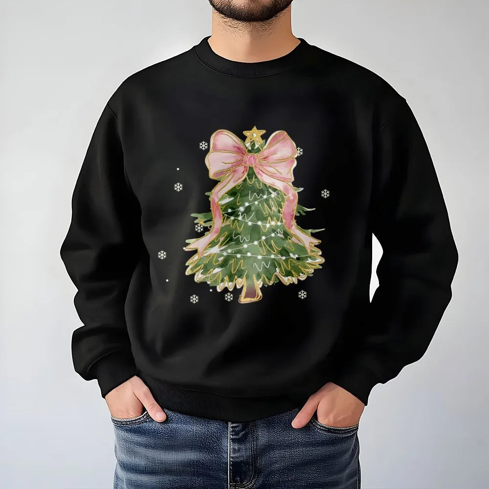 Aesthetic Pink Bow Holiday Crewneck, Coquette Christmas Tree Sweatshirt, Adorable Winter Tree Pullover, Trendy Girly Xmas Pre