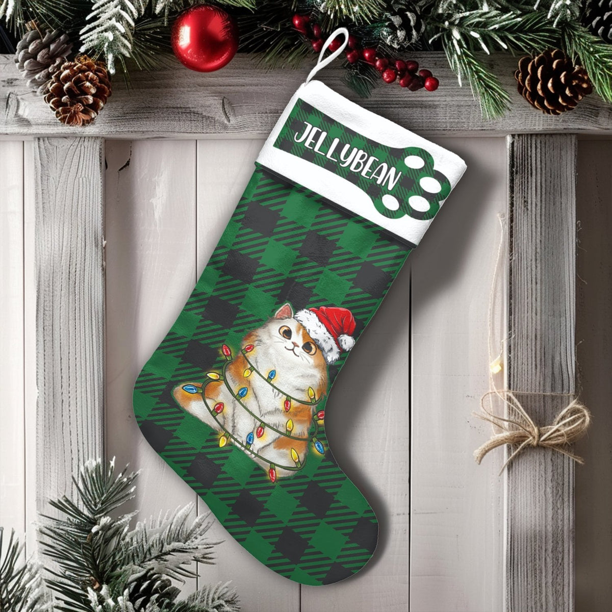 Custom Buffalo Plaid Kitty Stocking, Personalized Cat Christmas Stocking, Adorable Pet Holiday Stocking, Cat Lover Christmas 