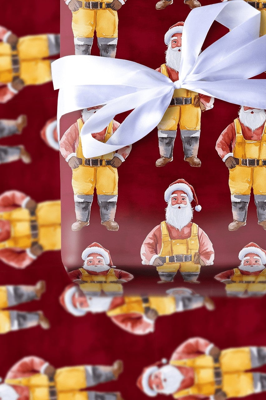 Whimsical Santa Claus Gift Wrap, Yellow Overalls Santa Wrapping Paper, Red Background Christmas Wrapping Paper, Holiday Prese