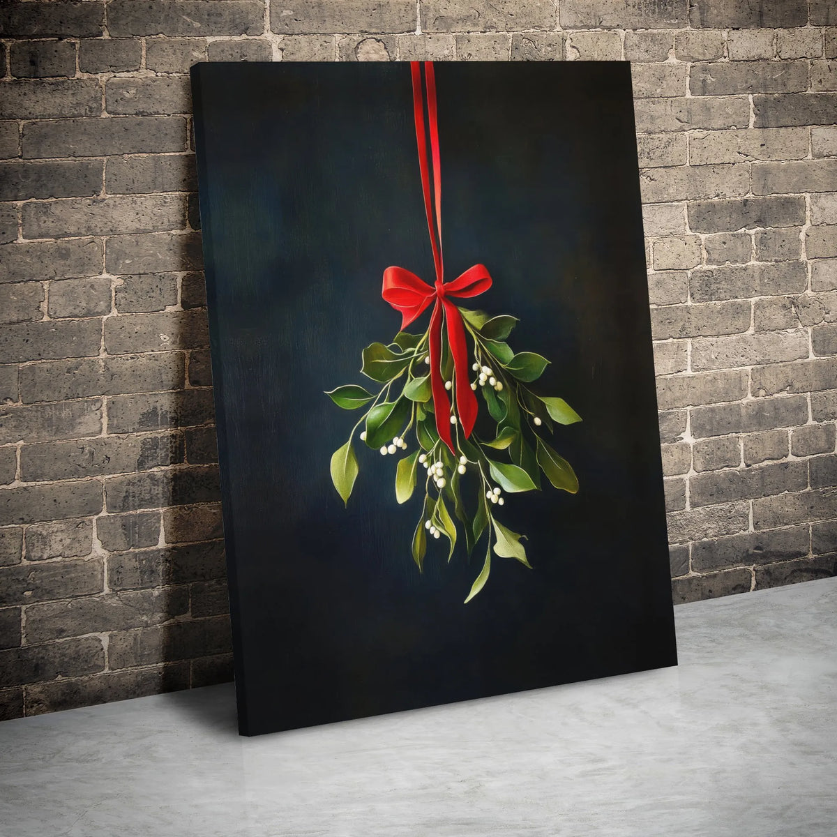Hanging Mistletoe with Red Ribbon Canvas Print, Mistletoe Canvas Wall Art, Minimalist Holiday Canvas, Christmas Botanical Wal