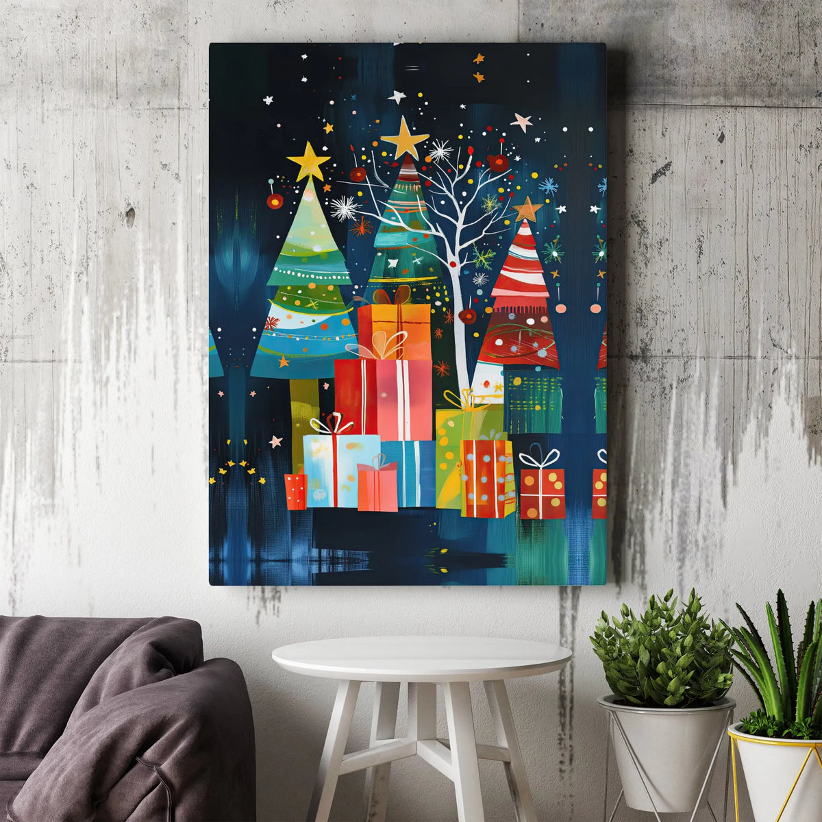 Colorful Holiday Gift Boxes Art, Abstract Christmas Tree Wall Art Print, Canvas Art Digital Download, Festive Holiday Home De