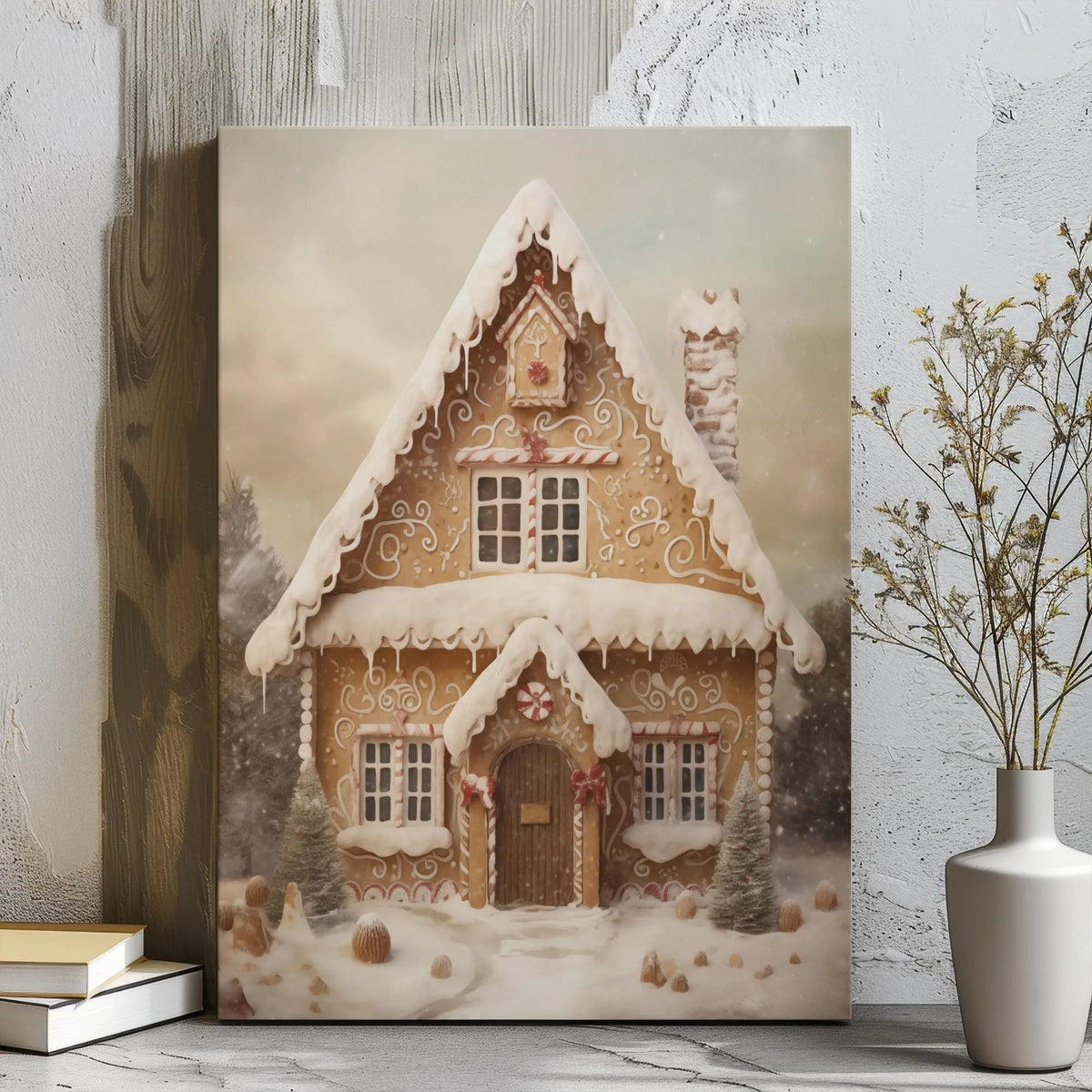 Whimsical Snowy Winter Landscape Canvas, Gingerbread House Christmas Canvas Wall Art, Festive Holiday Canvas Print, Comfy Xma