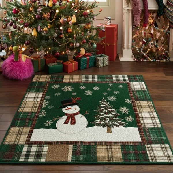Tartan Plaid Tree Snowflake Floor Mat, Snowman Christmas Area Rug, Festive Holiday Living Room Rug, Non-Slip Bedroom Carpet, 
