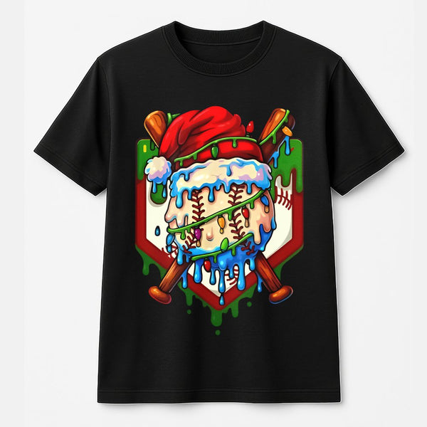 Santa Hat Drip Sports Graphic Tee, Christmas Baseball T-Shirt, Holiday Baseball Bats Shirt, Festive Athletic Crew Tee, Baseba