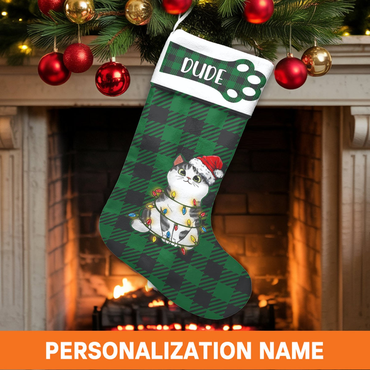 Green Plaid Holiday Pet Stocking, Personalized Cat Christmas Stocking, Velboa Fabric Custom Name Stocking, Cat Lover Xmas Hom