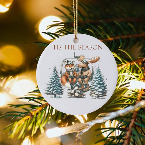 Tis the Season Winter Animal Ornament, Fox and Moose Skiing Ornament, Ceramic Christmas Tree Ornament, Festive Woodland Holid