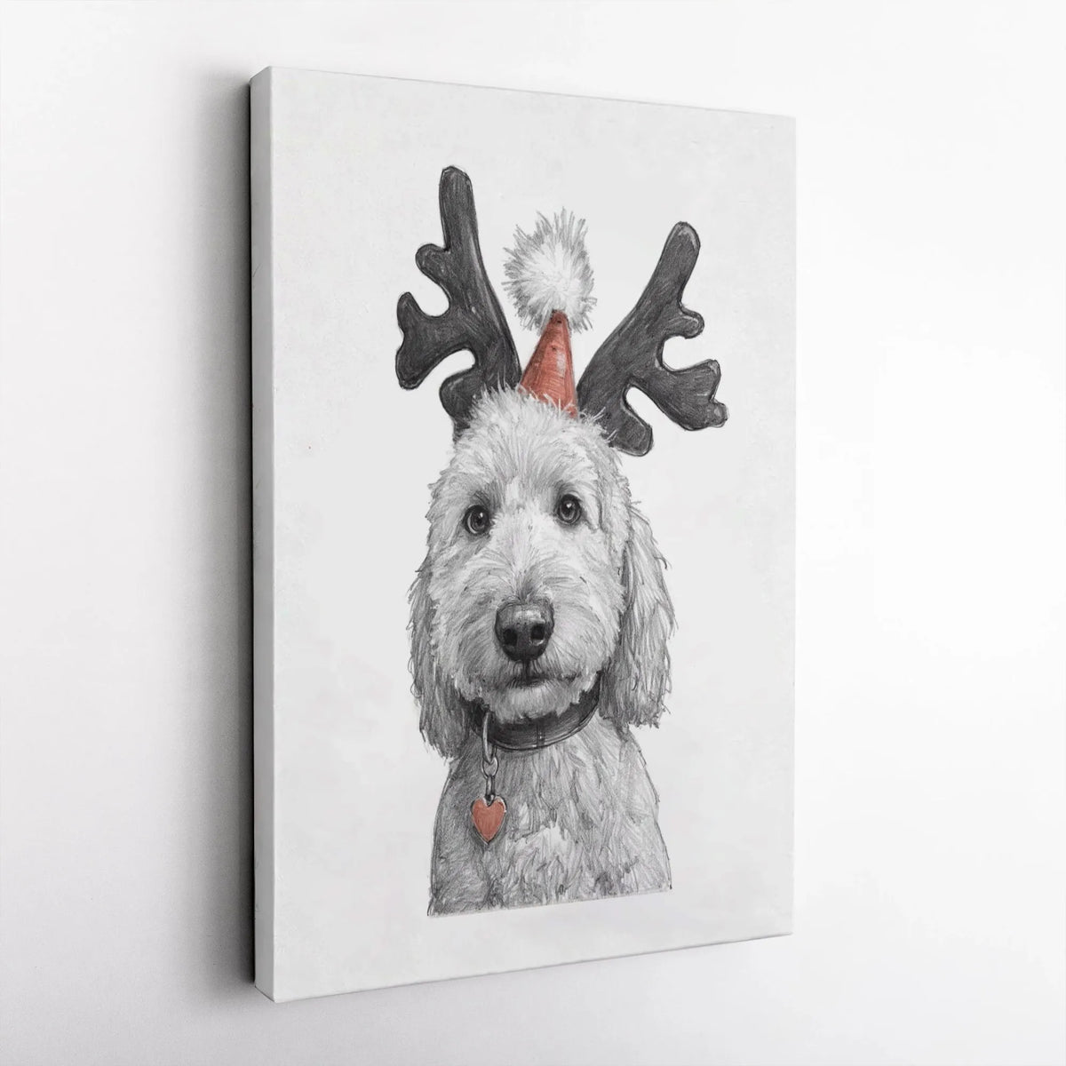 Pencil Sketch Dog Canvas Print, Goldendoodle Christmas Canvas Wall Art, Festive Reindeer Pet Wall Decor, Dog Lover Holiday Ca