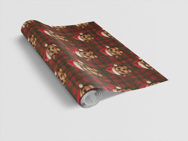 Tartan Plaid Puppy Gift Wrap, Yorkie Christmas Wrapping Paper, Adorable Santa Dog Wrapping Paper, Holiday Pet Lover Gift Wrap
