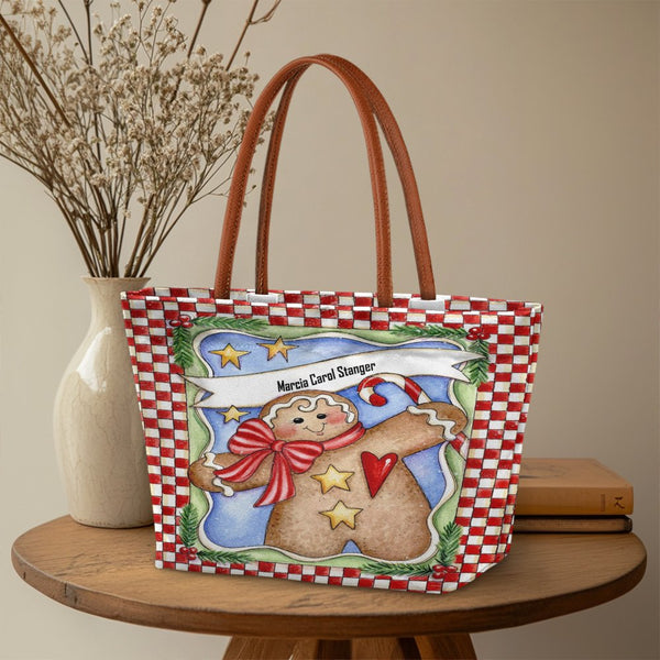 Christmas Holiday Cookie Handbag, Personalized Gingerbread Man Tote Bag, Festive Winter Shoulder Bag, Seasonal Xmas Shopper P