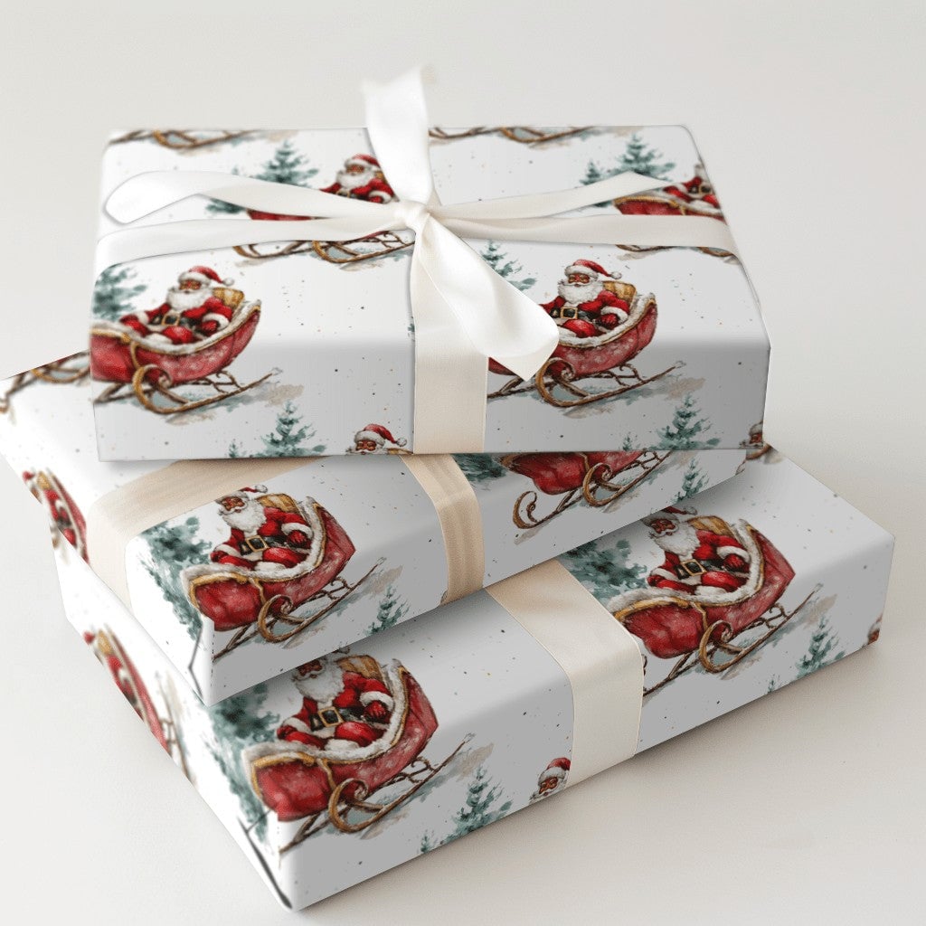 Watercolor Pine Tree Christmas Wrapping Paper, Black Santa Sleigh Wrapping Paper, Inclusive Holiday Gift Wrap, Festive Xmas W