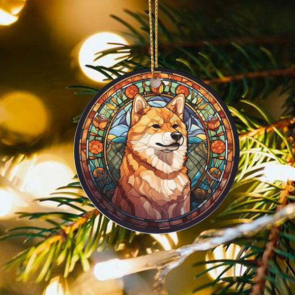 Japanese Dog Holiday Ornament, Stained Glass Shiba Inu Christmas Ornament, Colorful Puppy Ceramic Ornament, Pet Lover Keepsak