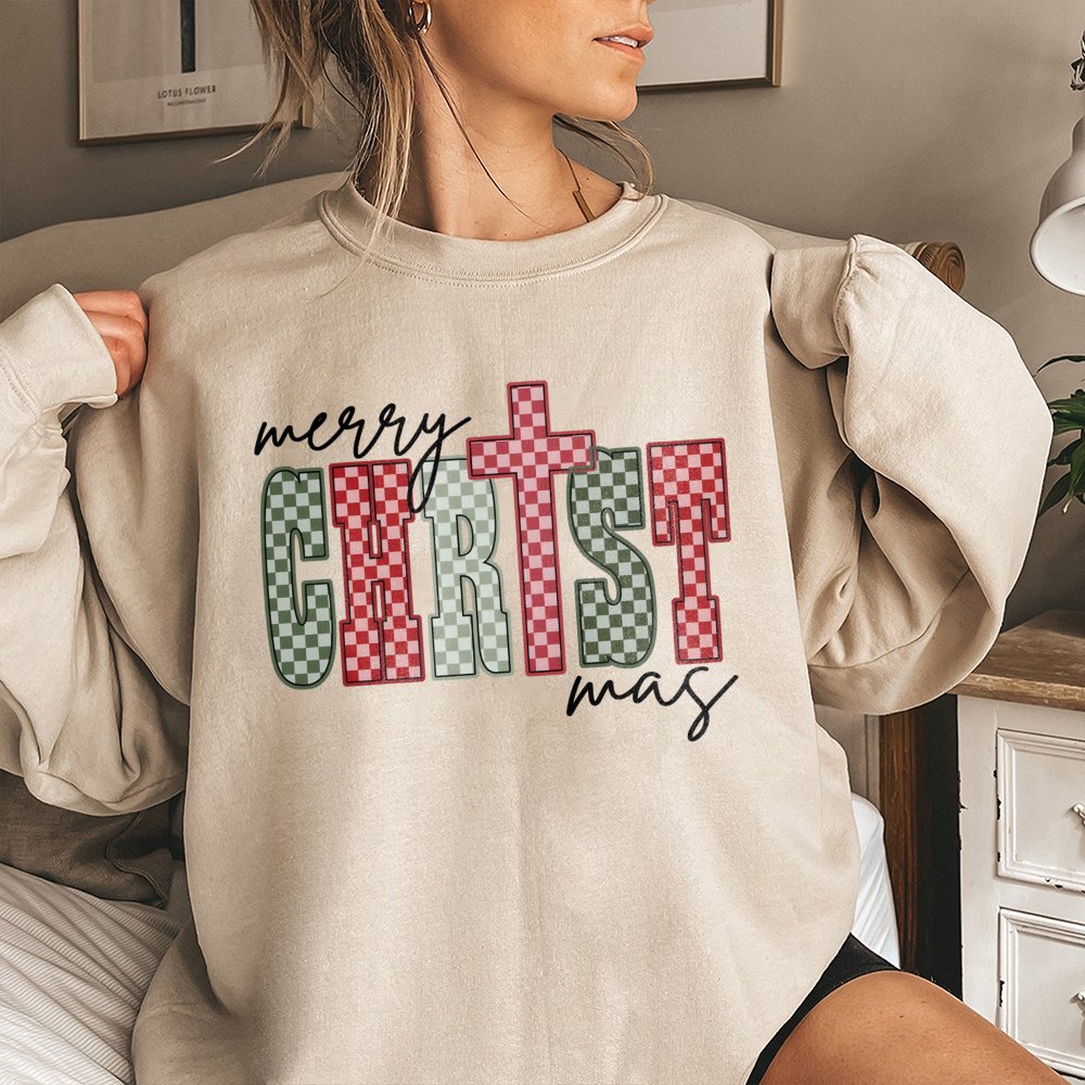 Merry Christmas Sweatshirt, Plaid Cross Sweatshirt, Faith Based Xmas Crewneck, Christian Holiday Sweatshirt, Religious Presen