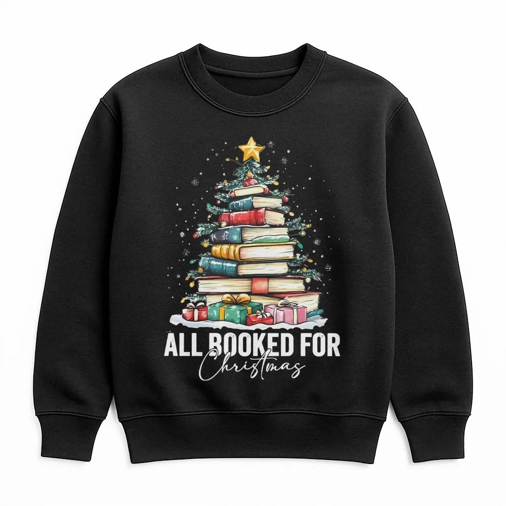 Book Tree Graphic Pullover, All Booked for Christmas Sweatshirt, Bookish Holiday Sweater, Librarian Christmas Crewneck, Book 