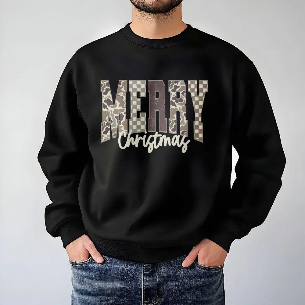 Checkered Holiday Lettering Crewneck, Merry Christmas Camo Sweatshirt, Southern Country Hunter Xmas Sweater, Winter Holiday P