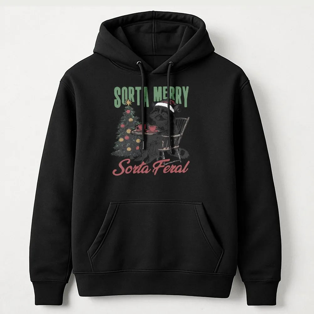 Humorous Christmas Raccoon Hooded Sweatshirt, Sorta Merry Sorta Feral Raccoon Hoodie, Adorable Xmas Animal Pullover, Wildlife