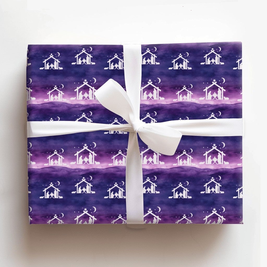 Christian Christmas Gift Wrap, Nativity Scene Wrapping Paper, Purple Starry Night Holiday Paper, Religious Holy Family Gift W