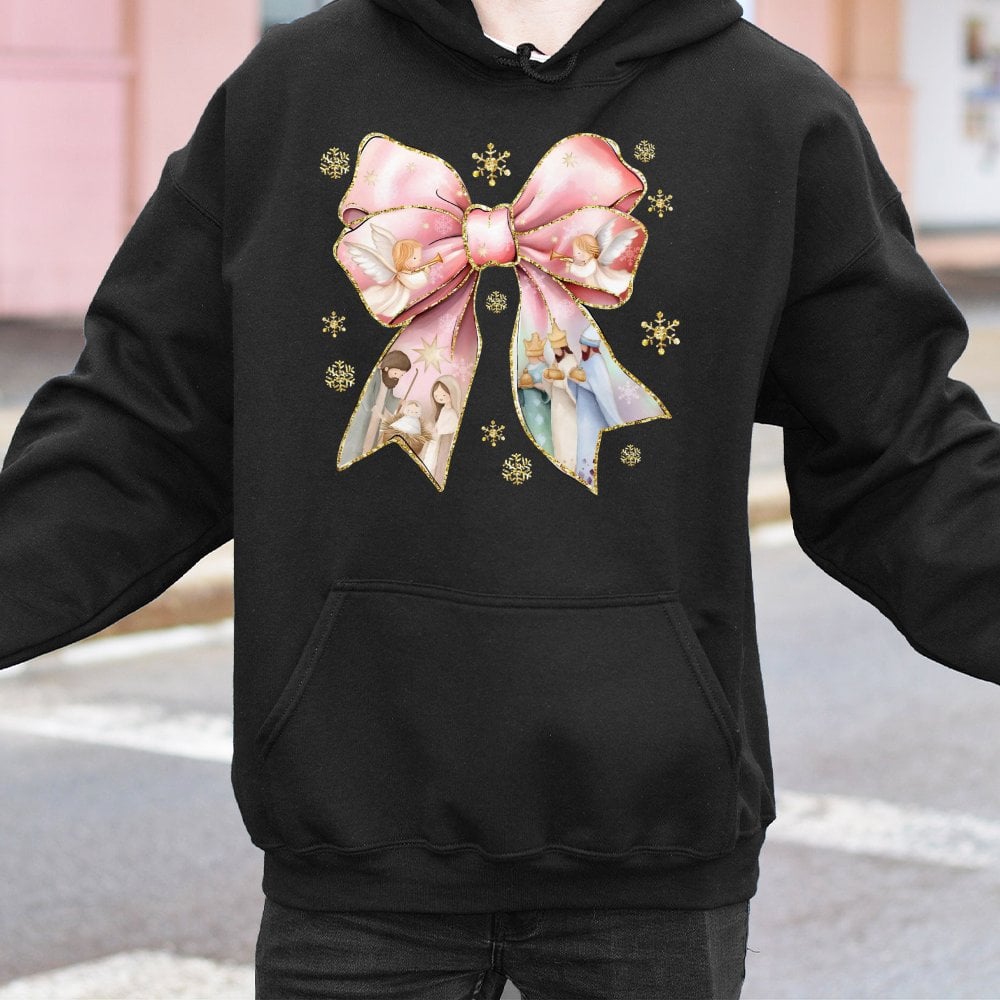 Coquette Bow Christian Nativity Sweatshirt, Nativity Scene Christmas Hoodie, Religious Holiday Graphic Pullover, Jesus Birth 