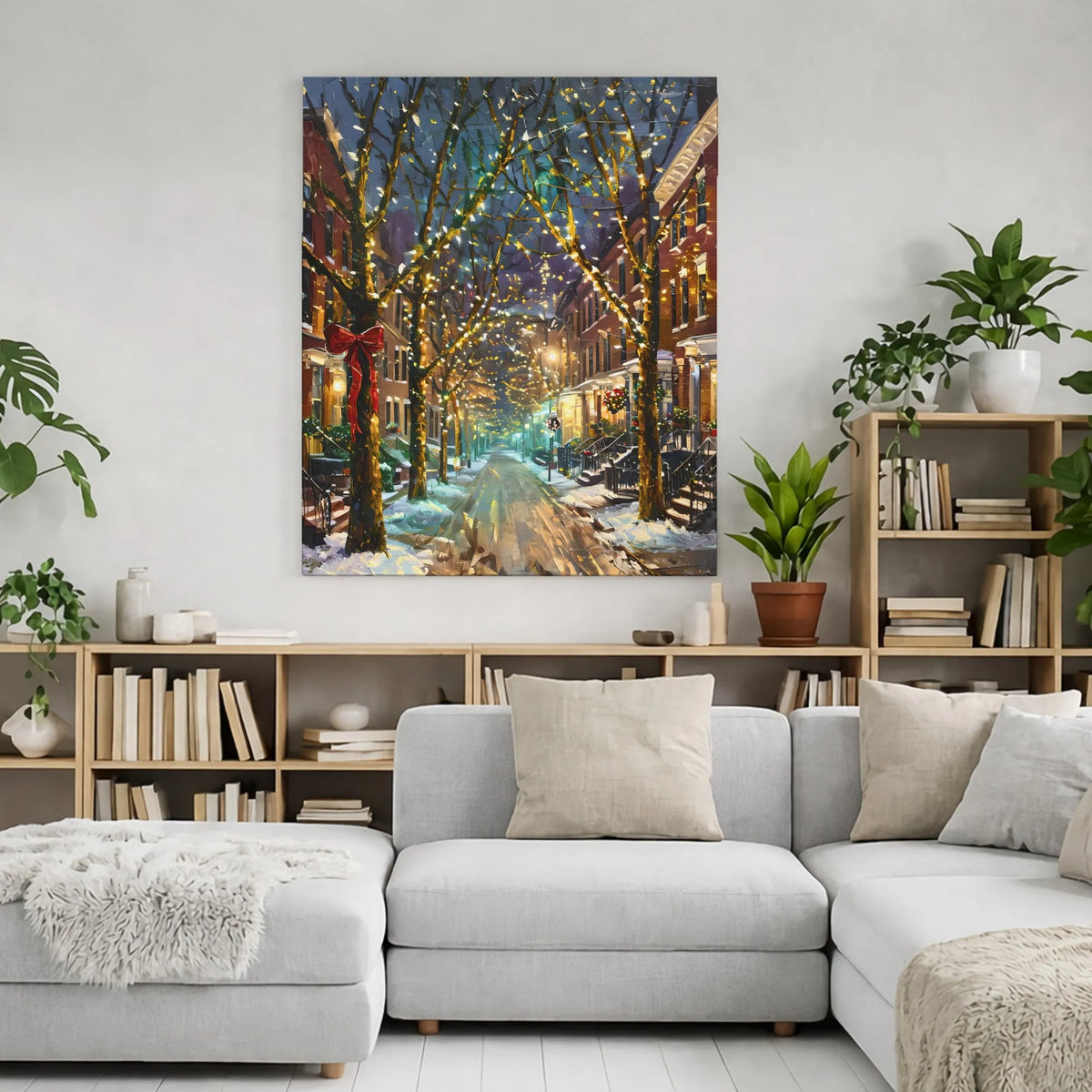 Winter Night Cityscape Wall Art, Christmas Street Digital Download, Festive Snowy Street Scene Poster, Holiday Home Printable