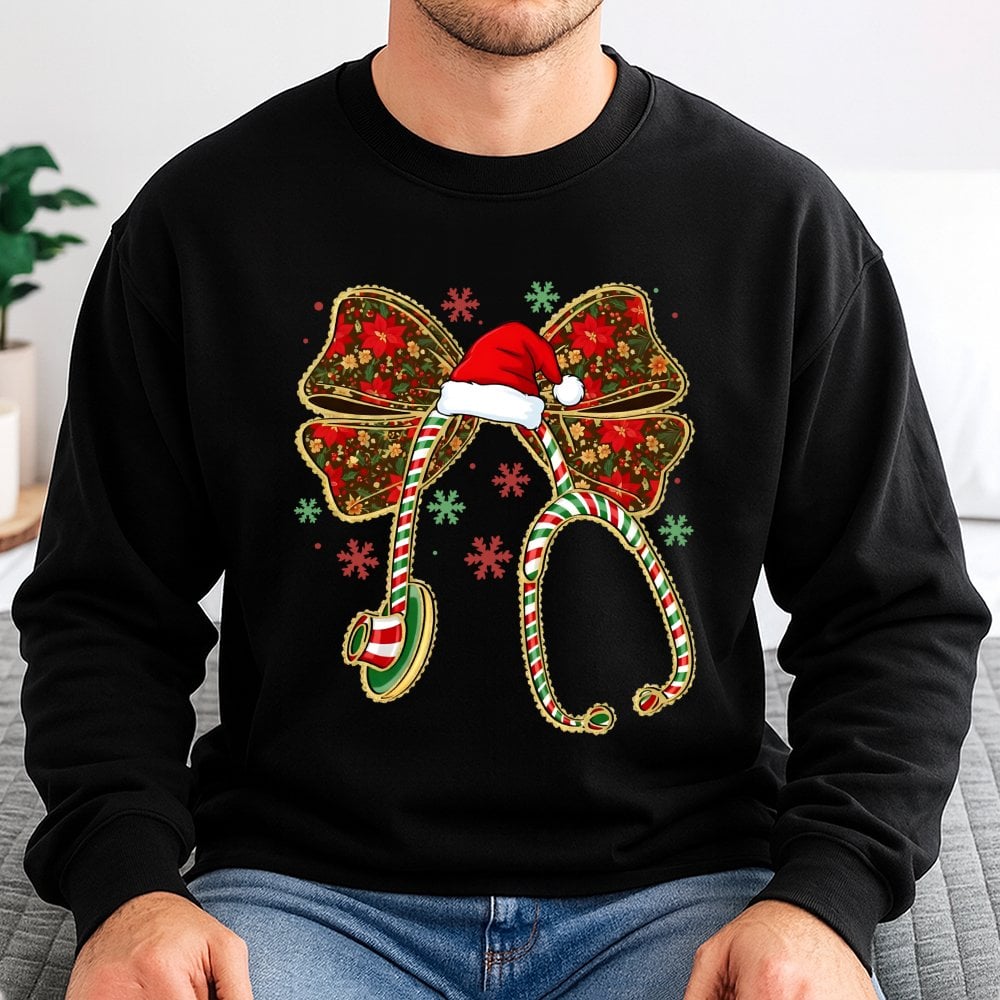 Coquette Bow Stethoscope Crewneck, Christmas Nurse Sweatshirt, Adorable RN Nursing Holiday Sweater, Medical Hospital Staff Xm