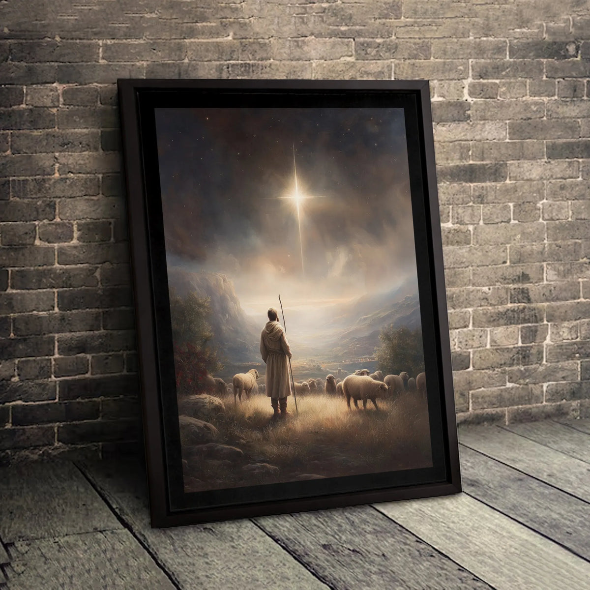 Holy Night Christian Canvas Wall Art, Nativity Shepherd Under Star of Bethlehem Canvas Print, Religious Christmas Manger Wall