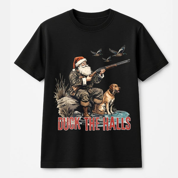 Humorous Santa Claus Duck Hunter Tee, Duck the Halls Hunting T-Shirt, Christmas Waterfowl Graphic Shirt, Outdoorsman Holiday 