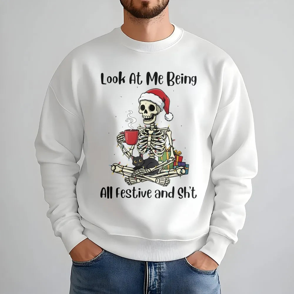 Festive Cat Lover Skeleton Sweater, Humorous Christmas Skeleton Sweatshirt, Spooky Xmas Skeleton Crewneck, Retro Winter Holid