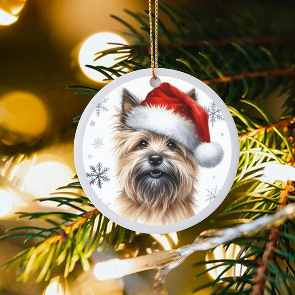 Santa Hat Cairn Terrier Christmas Ornament, Cairn Terrier Dog Ceramic Ornament, Adorable Pet Lover Holiday Decor, Festive Kee