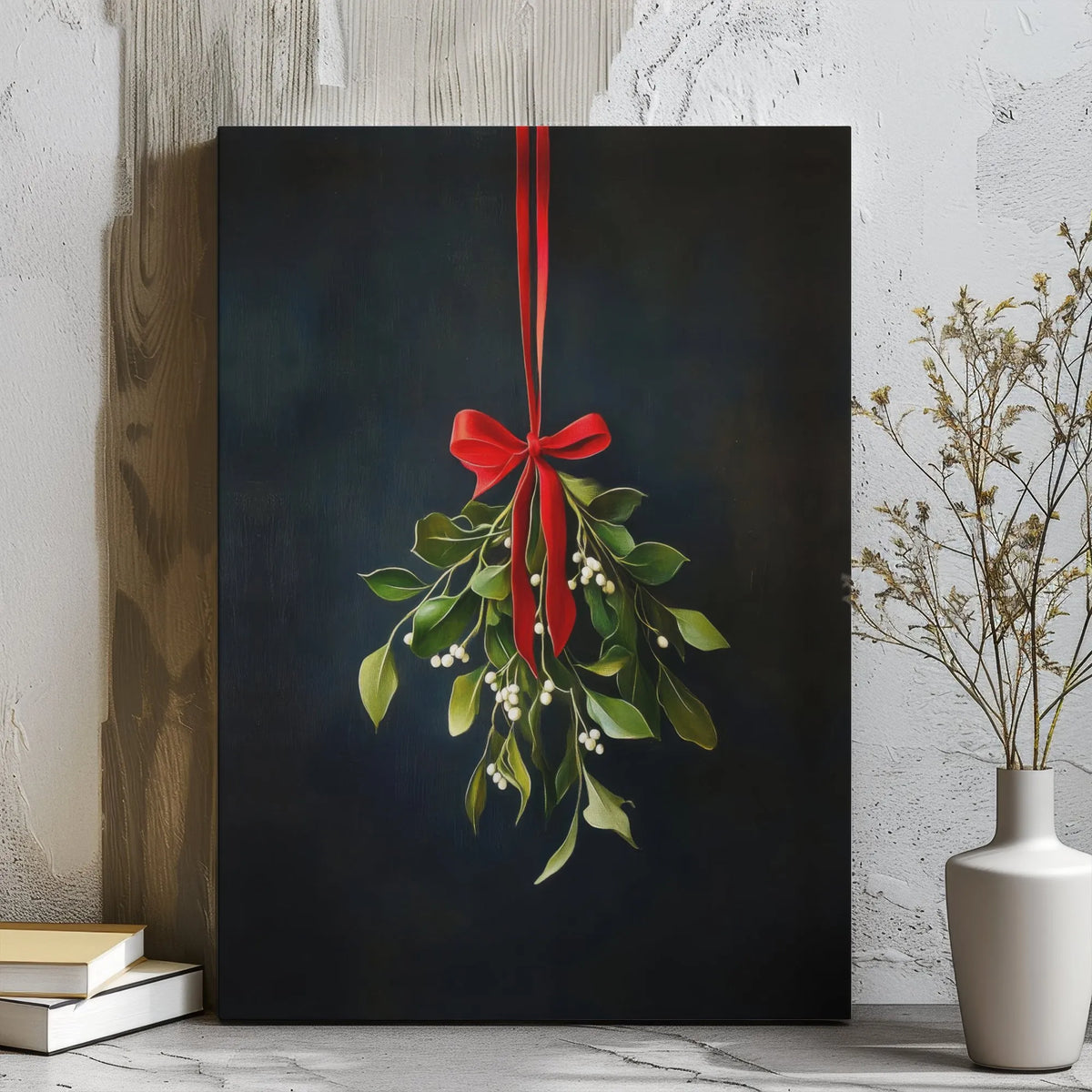 Hanging Mistletoe with Red Ribbon Canvas Print, Mistletoe Canvas Wall Art, Minimalist Holiday Canvas, Christmas Botanical Wal