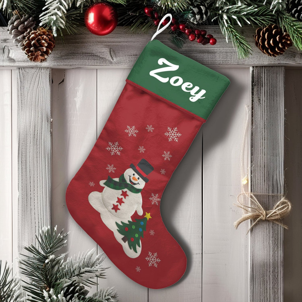 Winter Tree Holiday Stocking, Personalized Snowman Christmas Stocking, Custom Christmas Stocking, Festive Mantel Decor, Famil