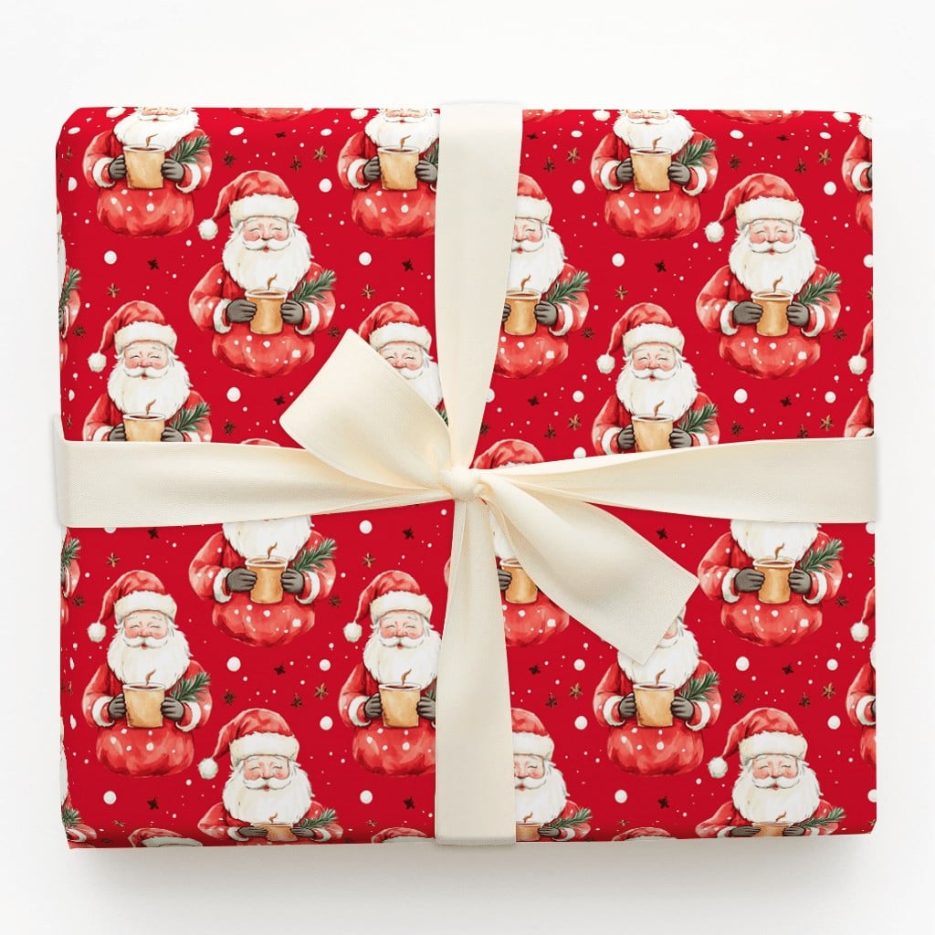 Red Cocoa Santa Claus Gift Wrap, Adorable Santa Christmas Wrapping Paper, Snowflake Holiday Wrapping Paper, Retro Xmas Gift W