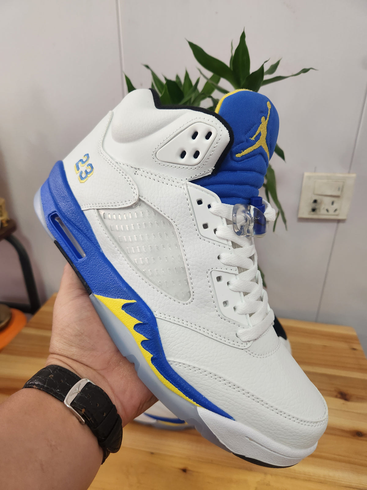 High Top Sneakers, White Blue Colorway, Lace Up Design, Casual Gift for Sneaker Fans