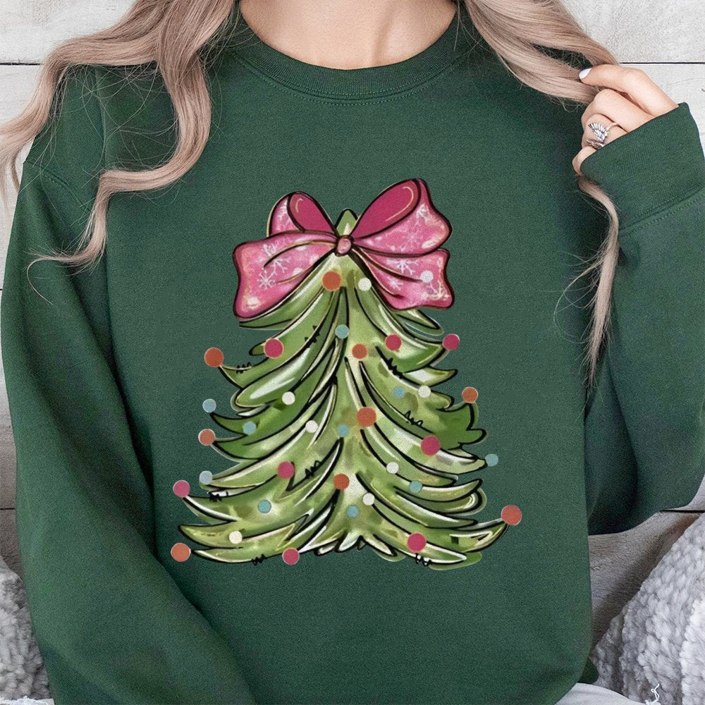 Adorable Christmas Tree Crewneck, Pink Bow Christmas Tree Sweatshirt, Retro Holiday Tree Sweater, Coquette Christmas Sweatshi