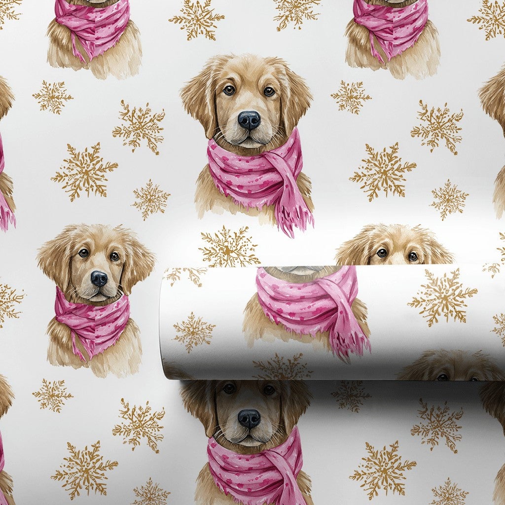 Puppy with Pink Scarf Christmas Gift Wrap, Golden Retriever Wrapping Paper, Watercolor Dog Wrapping Paper, Holiday Pet Gift W