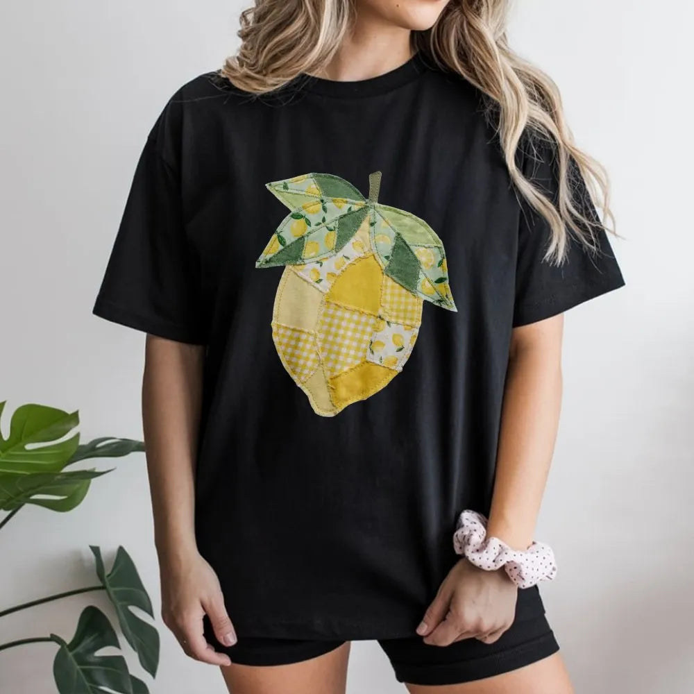 Lemon Patchwork T-Shirt | Vintage Quilt Style Graphic | Soft Cotton Blend | Coquette Aesthetic Gift for Her