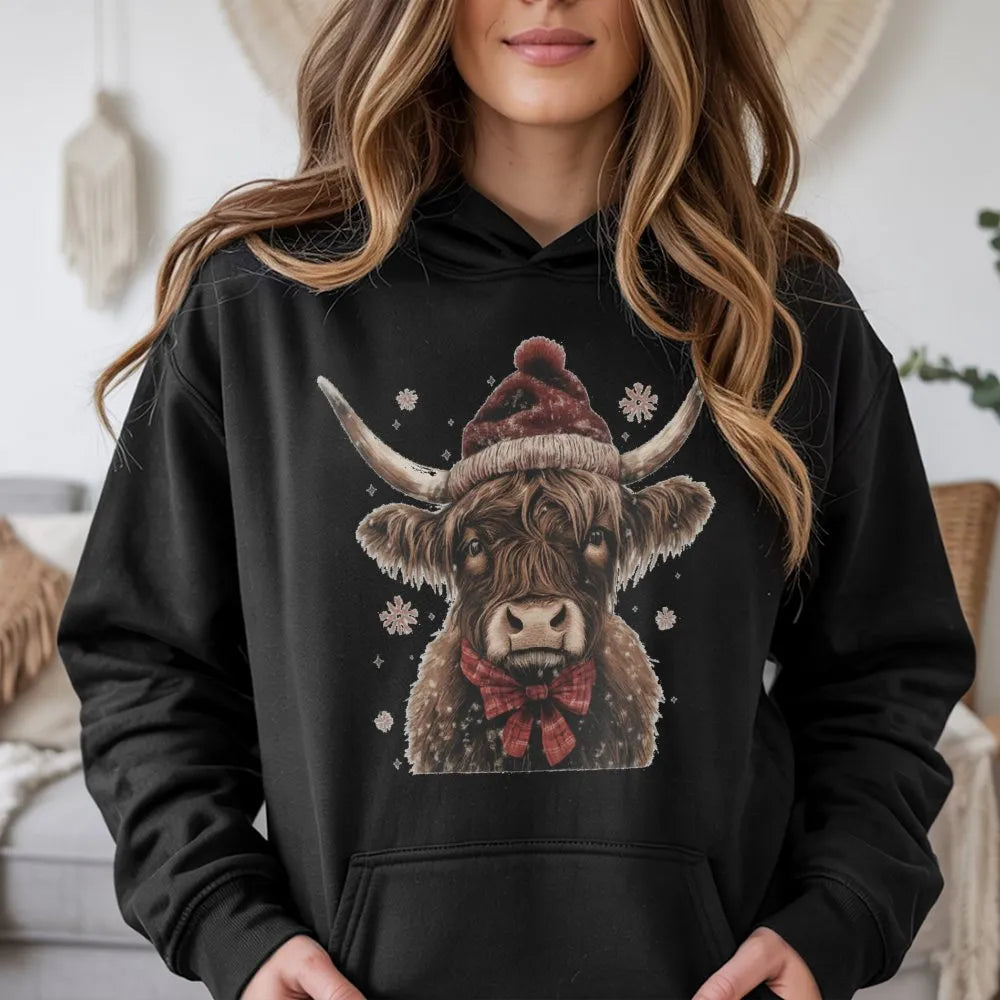 Western Santa Hat Cow Sweatshirt, Christmas Highland Cow Hoodie, Adorable Holiday Cow Hooded Pullover, Festive Winter Cow Gra