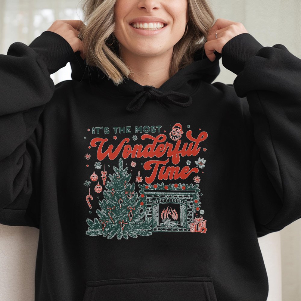 Retro Christmas Tree Hoodie, Most Wonderful Time Hoodie, Comfy Holiday Graphic Hoodie, Winter Xmas Hooded Sweatshirt, Christm