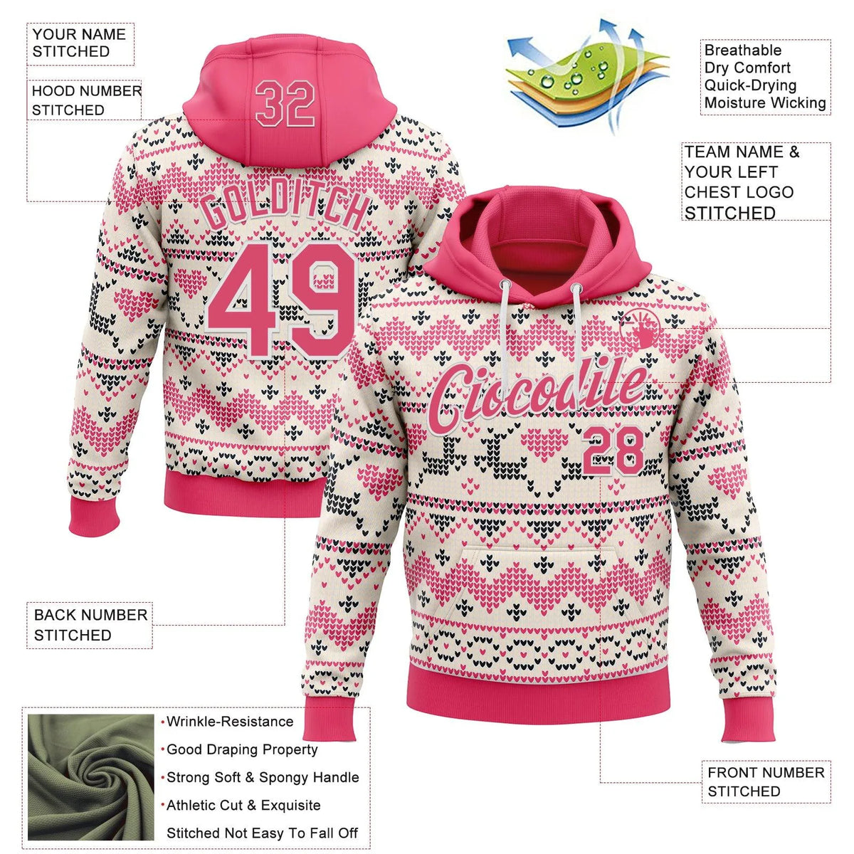 Personalized Name Number Xmas Pullover, Custom Christmas Ugly Sweater Hoodie, Holiday Pattern Sports Hoodie, Festive Fan Pres
