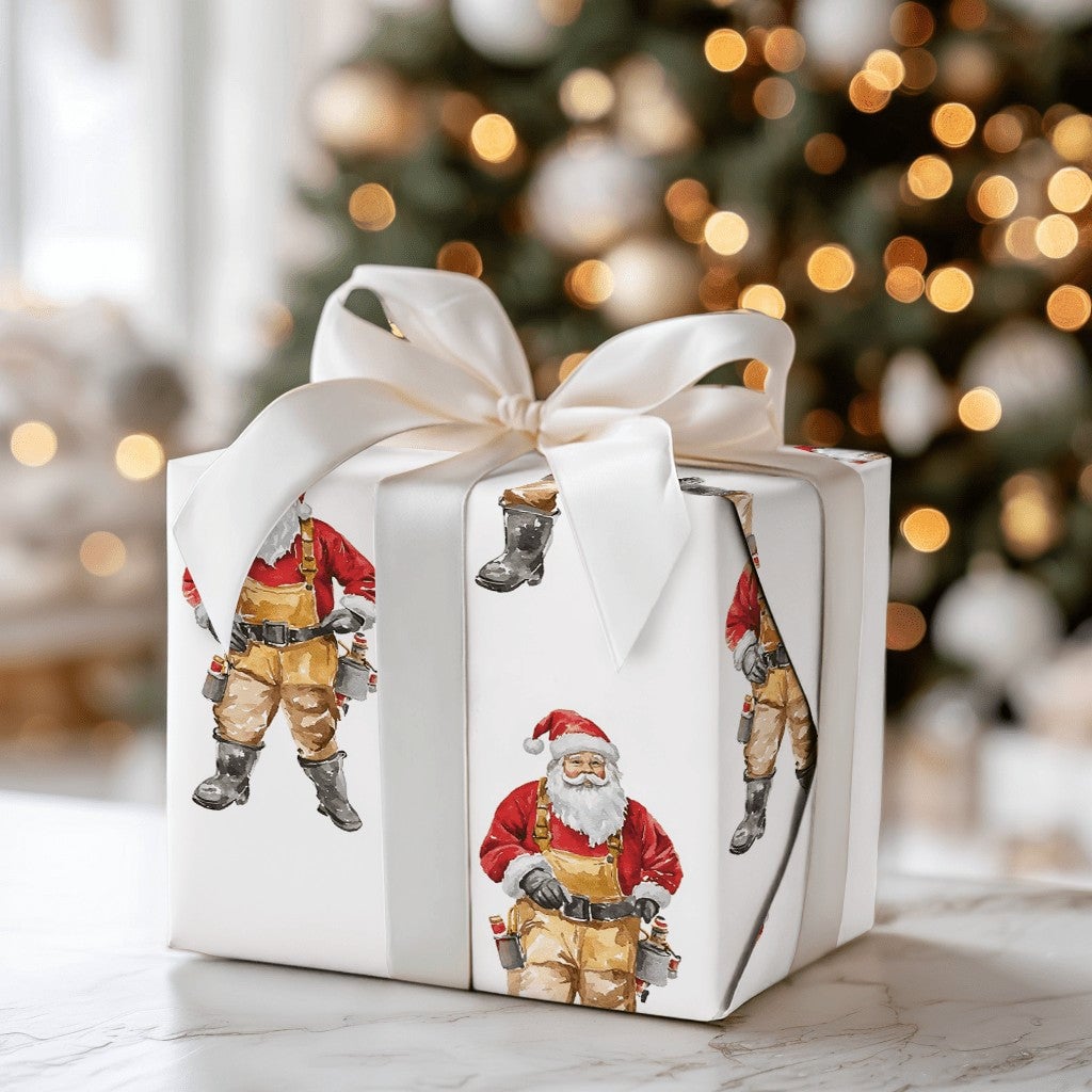 Tan Overalls Santa Claus Gift Wrap, Carpenter Santa Wrapping Paper, Handyman DIY Christmas Wrapping Paper, Builder Holiday Pr