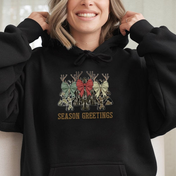 Coquette Bow Winter Holiday Sweatshirt, Camo Christmas Tree Hoodie, Camouflage Hunting Xmas Pullover, Outdoorsy Girl Christma