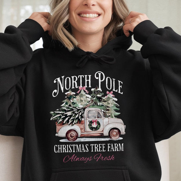 Vintage Rustic Truck Holiday Sweatshirt, North Pole Christmas Tree Farm Hoodie, Comfy Winter Xmas Pullover, Family Holiday Pr