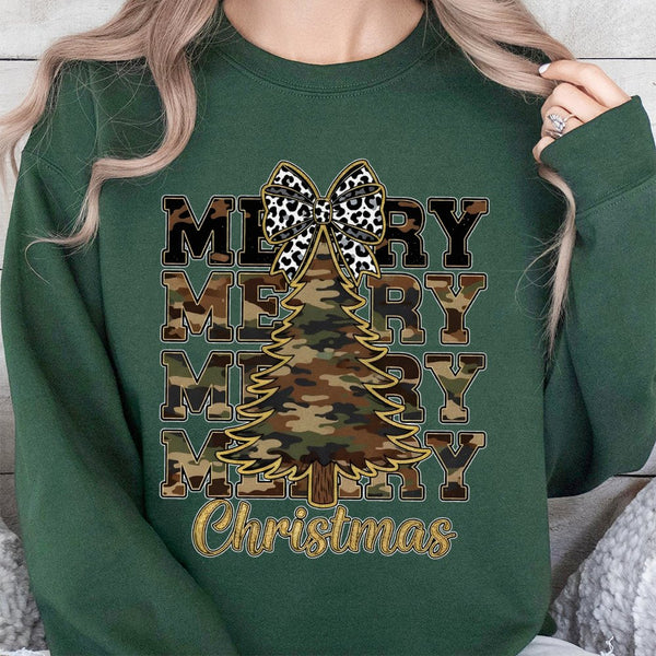 Leopard Bow Holiday Sweater, Camo Christmas Tree Sweatshirt, Rustic Country Xmas Crewneck, Winter Graphic Pullover, Christmas