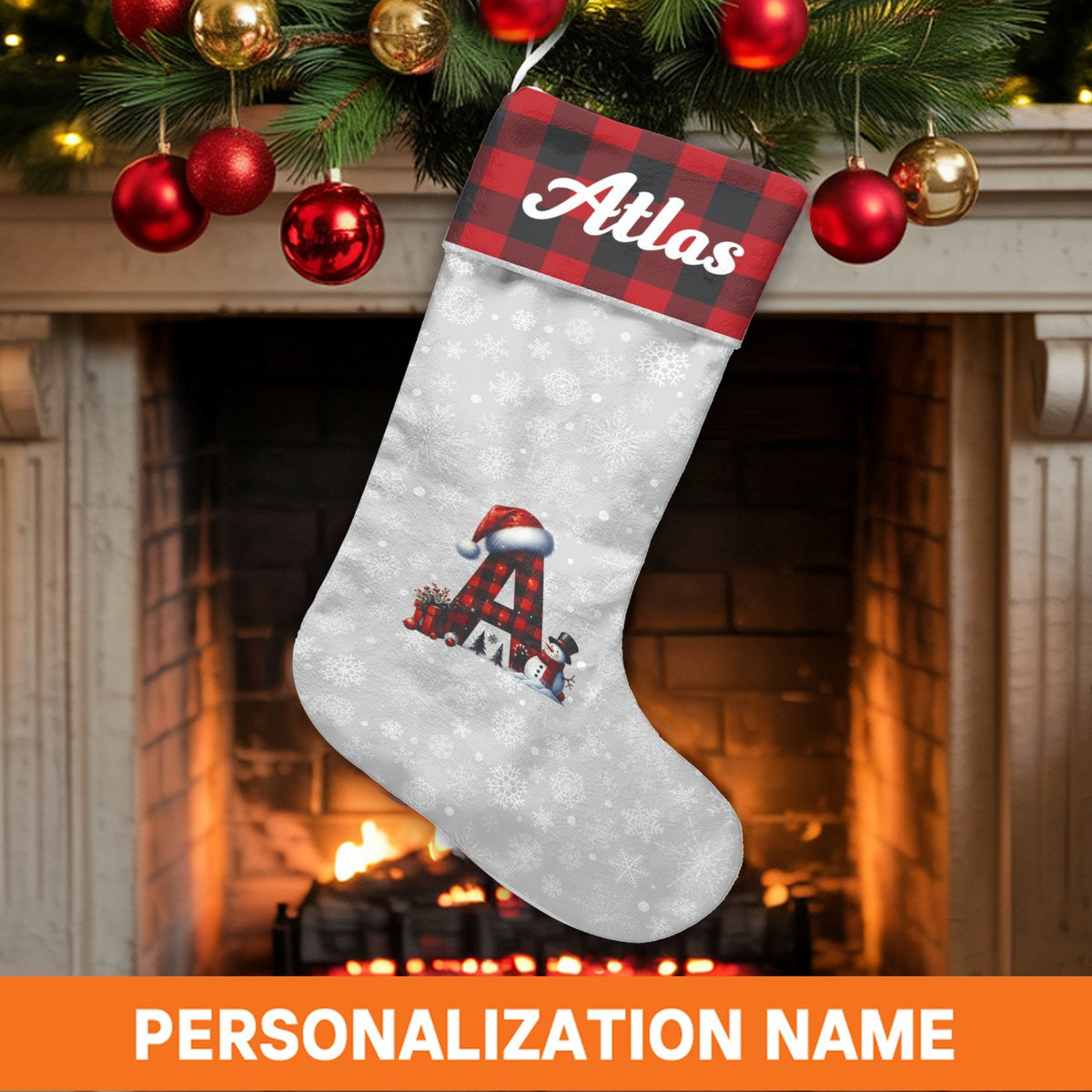 Custom Name Monogram Holiday Stocking, Personalized Buffalo Plaid Christmas Stocking, Rustic Plaid Xmas Stocking, Family Holi