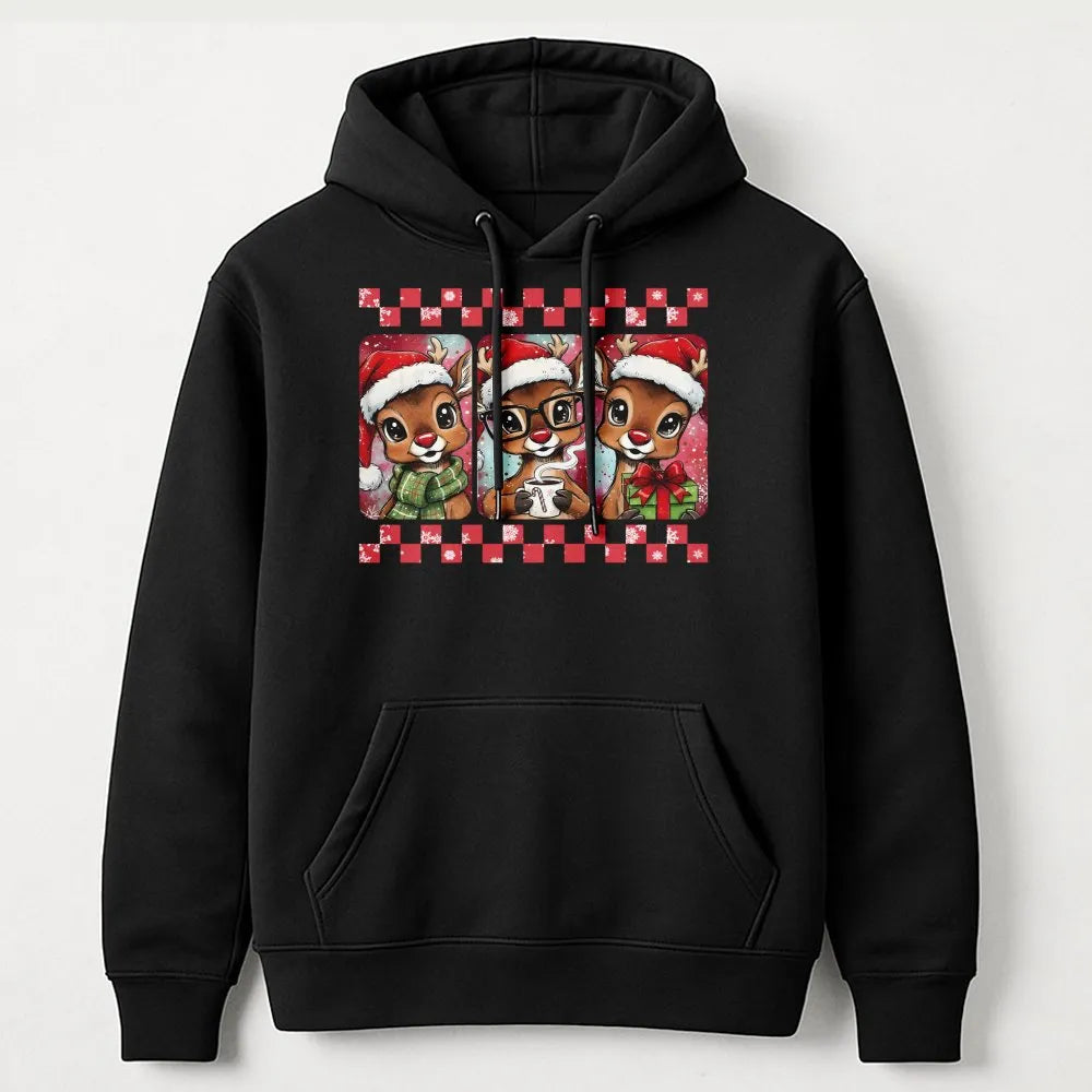Festive Deer Graphic Hoodie, Christmas Reindeer Hoodie, Adorable Holiday Animal Pullover, Winter Xmas Hooded Sweatshirt, Comf