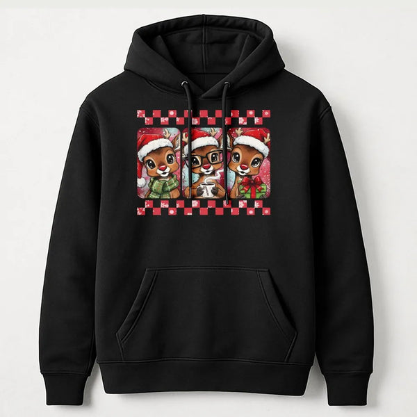 Festive Deer Graphic Hoodie, Christmas Reindeer Hoodie, Adorable Holiday Animal Pullover, Winter Xmas Hooded Sweatshirt, Comf