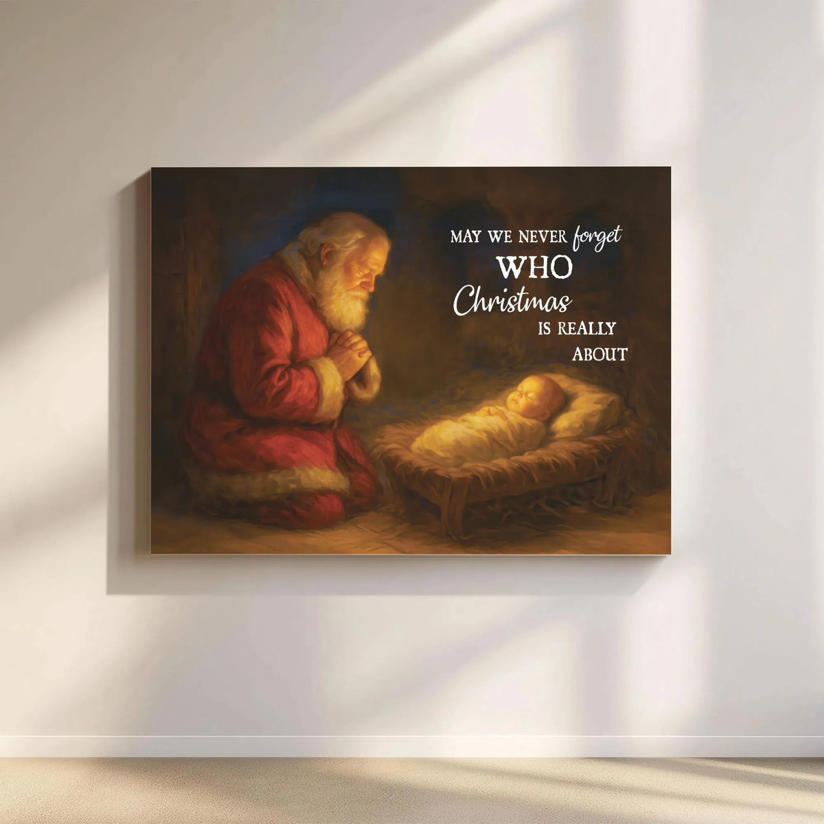 Religious Christmas Wall Art, Santa Kneeling at Manger Canvas, Nativity Scene Canvas Print, Christian Holiday Wall Decor