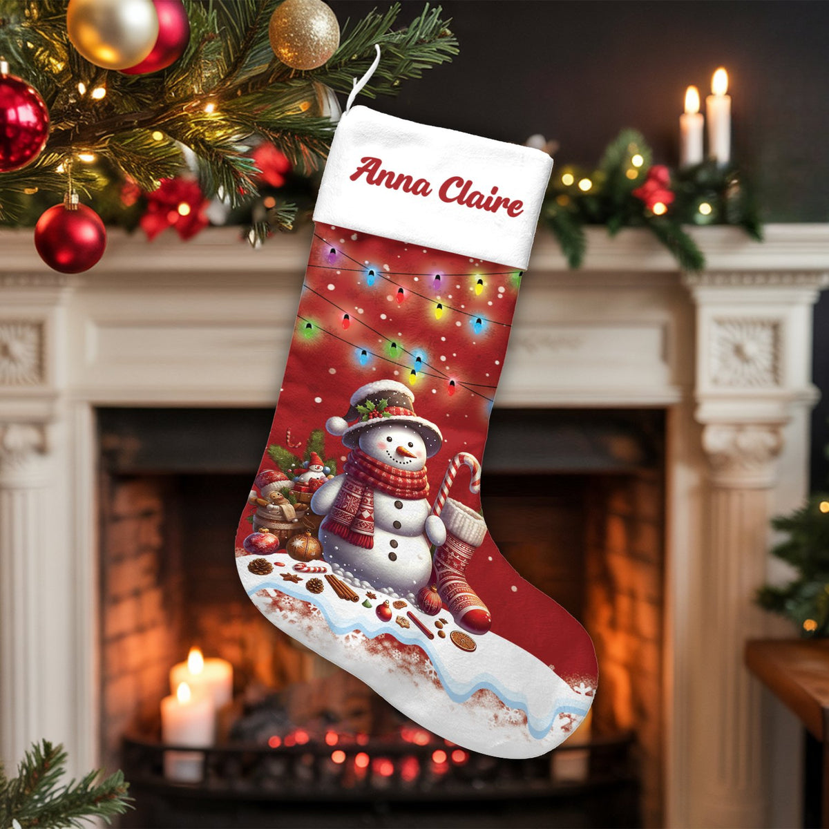 Adorable Holiday Lights Christmas Stocking, Personalized Snowman Christmas Stocking, Custom Name Winter Holiday Stocking, Fam