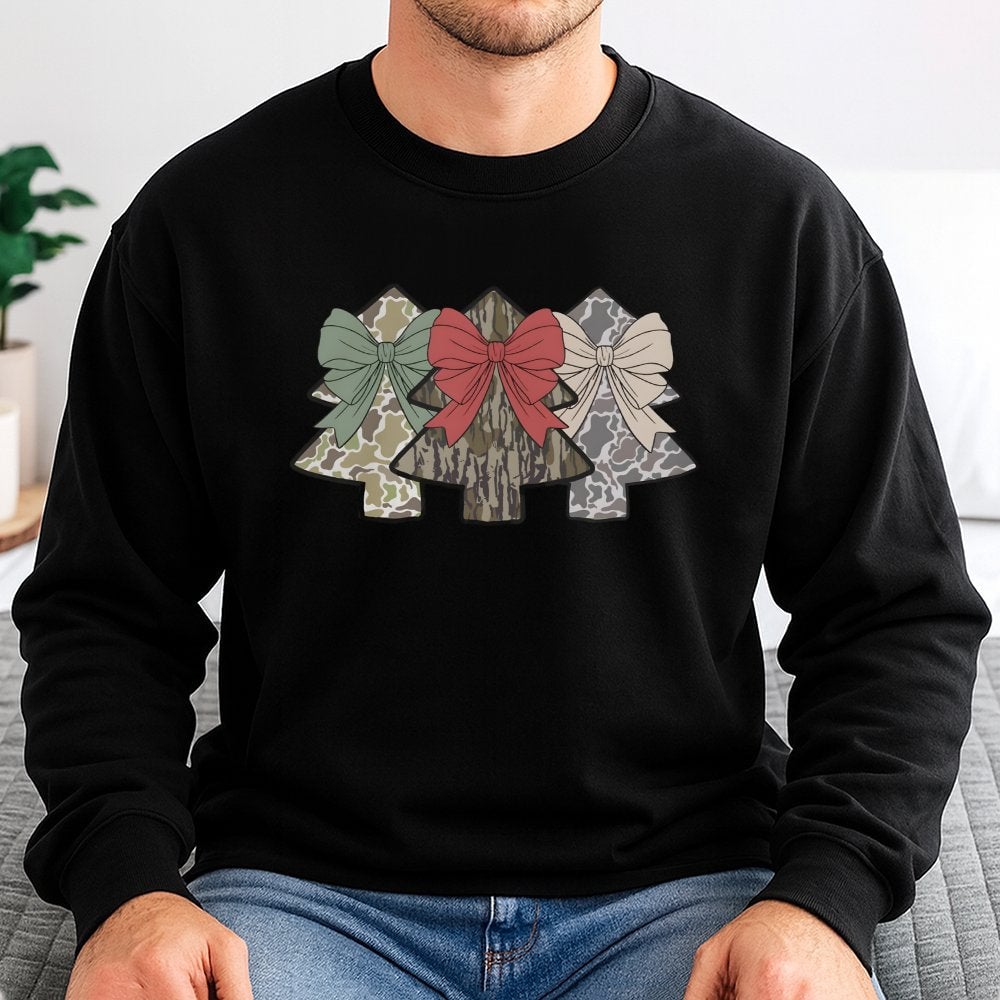 Coquette Bow Holiday Crewneck, Camo Christmas Tree Sweatshirt, Festive Hunting Plaid Pullover, Adorable Preppy Xmas Sweater, 