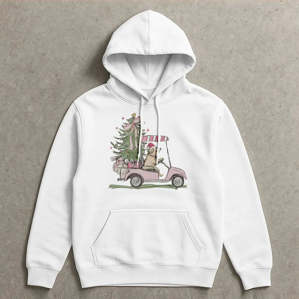 Pink Golf Cart Christmas Hoodie, Christmas Golden Retriever Hoodie, Festive Dog Lover Hooded Sweatshirt, Adorable Golfer Holi