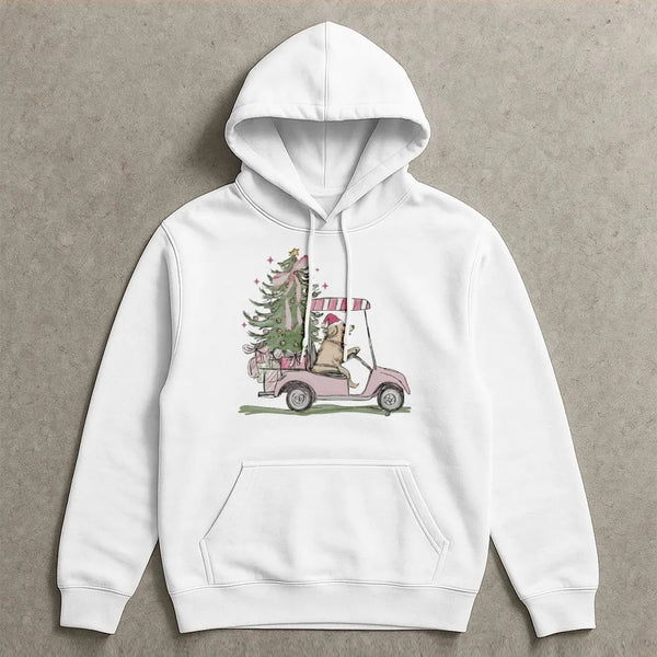 Pink Golf Cart Christmas Hoodie, Christmas Golden Retriever Hoodie, Festive Dog Lover Hooded Sweatshirt, Adorable Golfer Holi