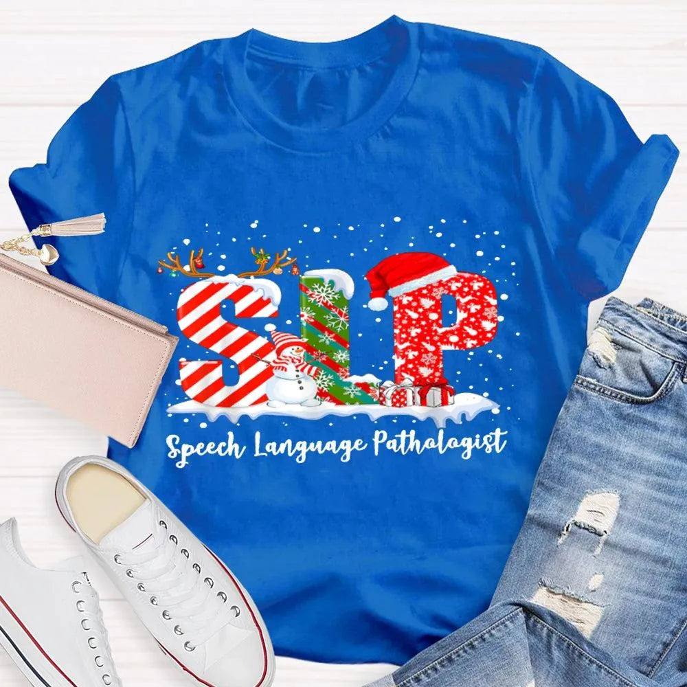 Speech Language Pathologist Tee, SLP Snowman Christmas Shirt, Holiday Speech Therapist T-Shirt, Winter SLP Graphic Tee, Speec